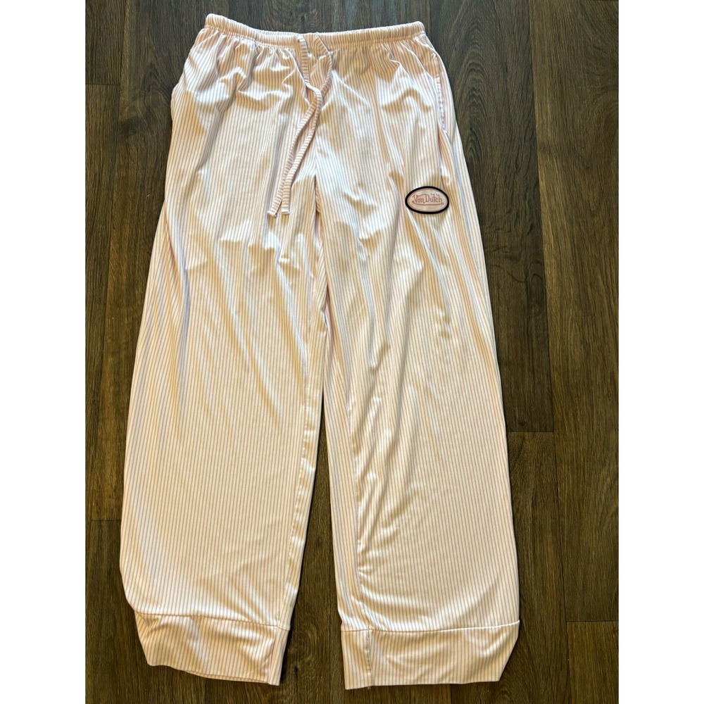 Von Dutch Women’s Pink/White Striped Pajama Pant pockets M athleisure cozy